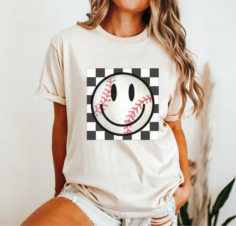 Smiley Face Baseball T-shirt, Mom Baseball Shirt, Baseball shirt