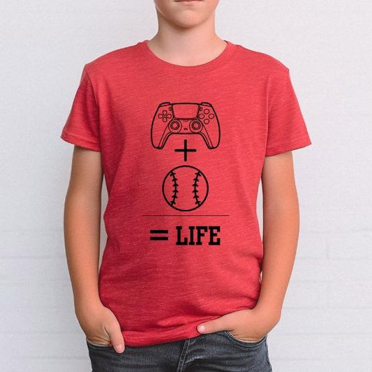 Youth Gaming + Baseball = Life t-shirt, youth baseball t-shirt