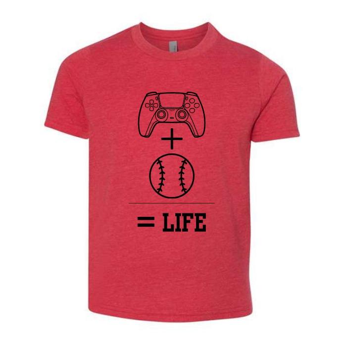 Youth Gaming + Baseball = Life t-shirt, youth baseball t-shirt